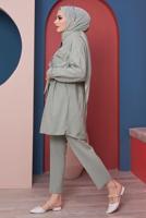 Tesettür giyim YEŞİL CEPLERİ BONCUK İŞLEMELİ BELİ BÜZGÜLÜ İKİLİ PANT. TAKIM 80051