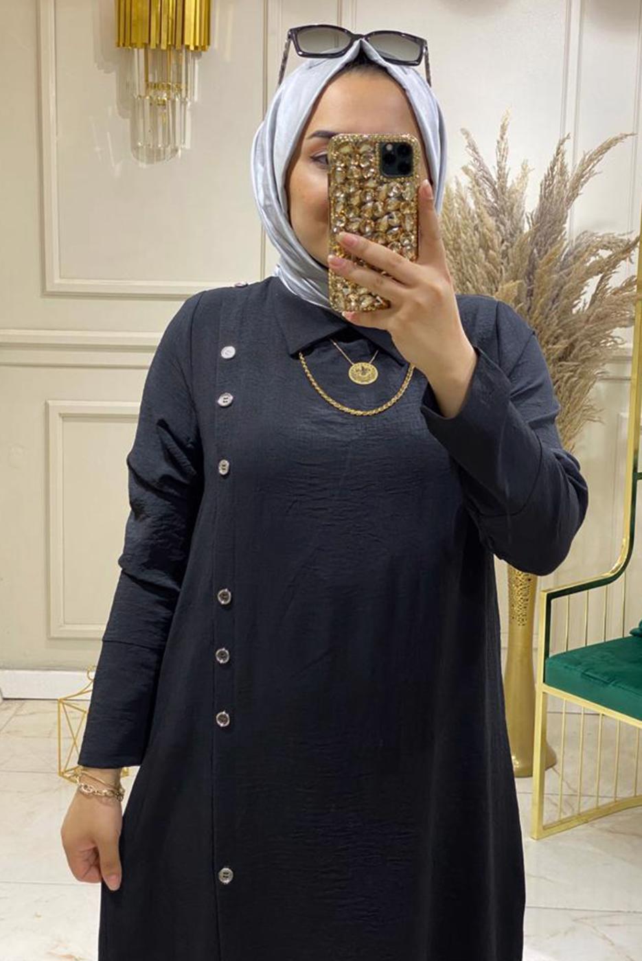 Tesettür giyim SİYAH DÜĞME DETAYLI PANTOLONLU TAKIM 8008 