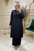 Tesettür giyim SİYAH DÜĞME DETAYLI PANTOLONLU TAKIM 8008 