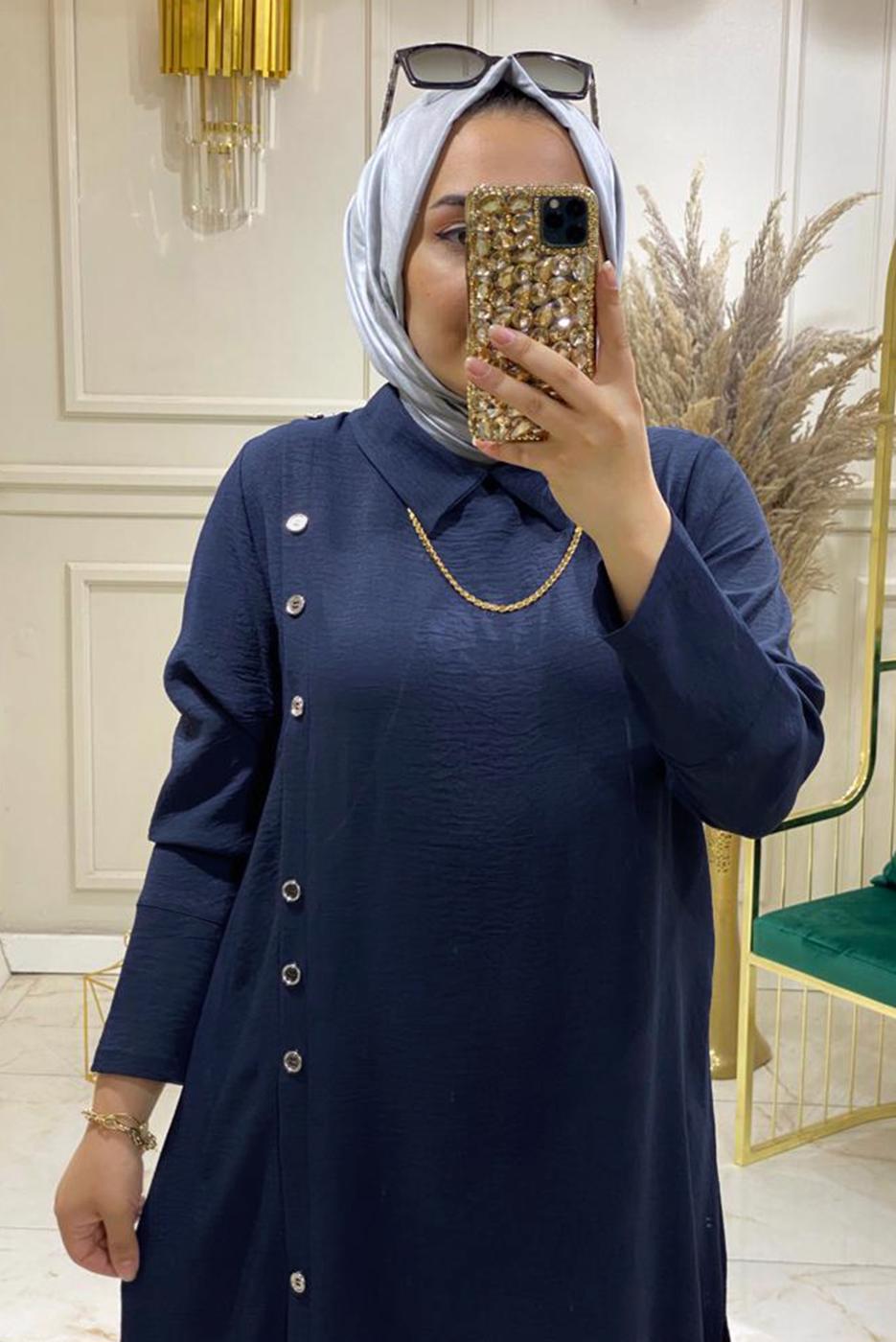 Tesettür giyim LACİVERT DÜĞME DETAYLI PANTOLONLU TAKIM 8008 