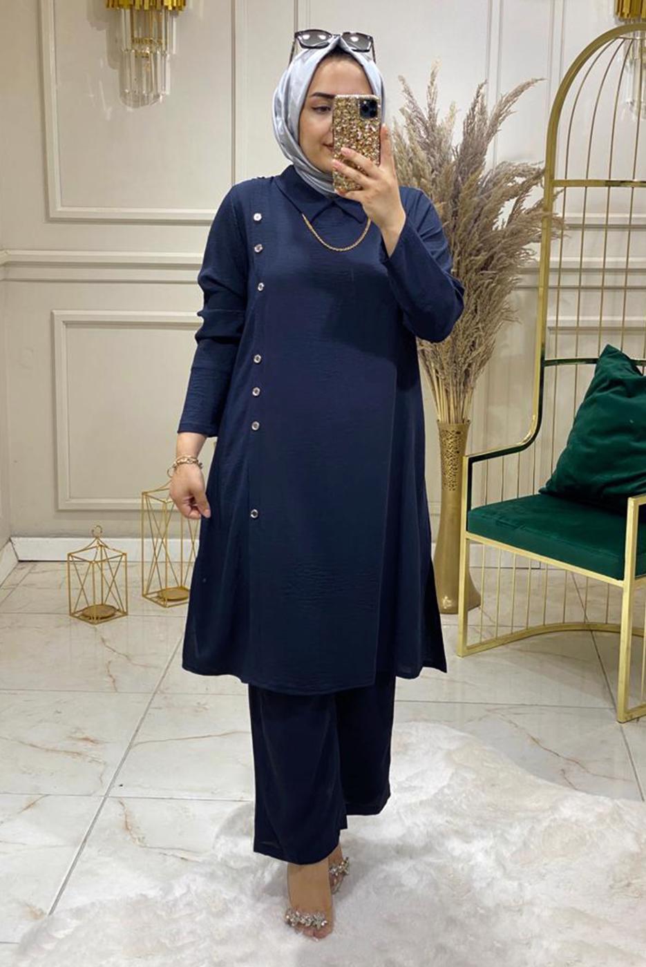 Tesettür giyim LACİVERT DÜĞME DETAYLI PANTOLONLU TAKIM 8008 