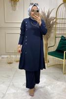 Tesettür giyim LACİVERT DÜĞME DETAYLI PANTOLONLU TAKIM 8008 