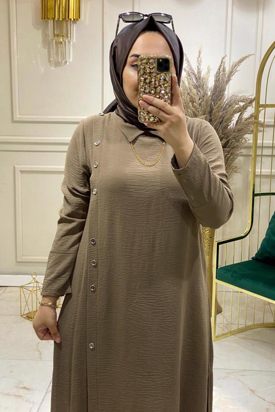 Tesettür giyim VİZON DÜĞME DETAYLI PANTOLONLU TAKIM 8008 