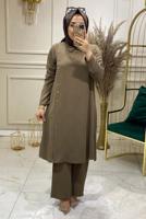 Tesettür giyim VİZON DÜĞME DETAYLI PANTOLONLU TAKIM 8008 