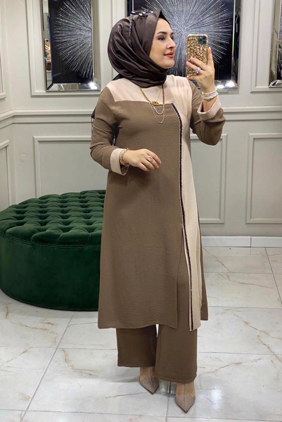 Tesettür giyim VİZON İKİ RENKLİ PANTOLONLU TAKIM 8047 