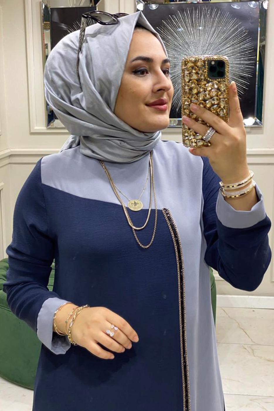 Tesettür giyim LACİVERT İKİ RENKLİ PANTOLONLU TAKIM 8047 