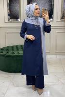 Tesettür giyim LACİVERT İKİ RENKLİ PANTOLONLU TAKIM 8047 