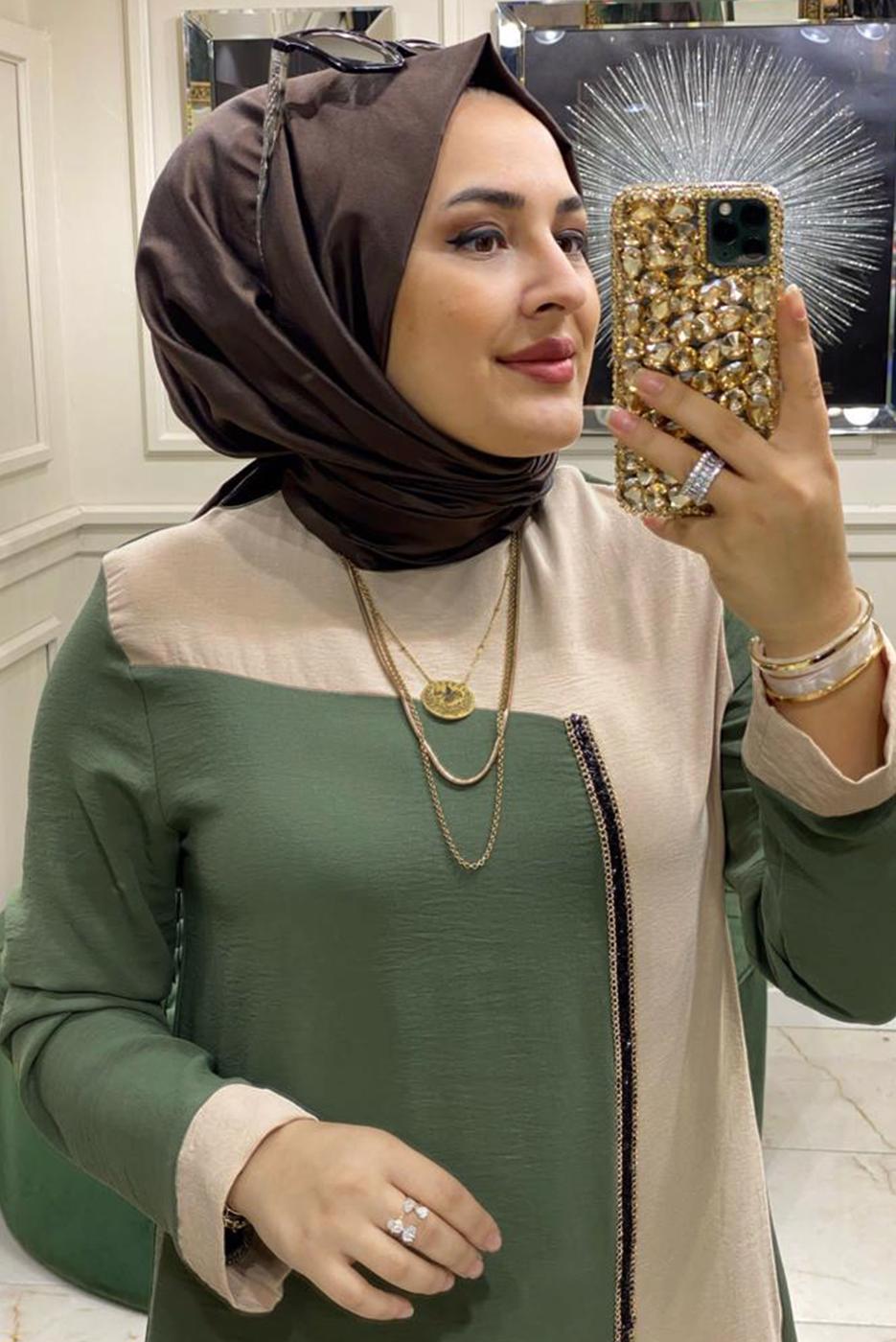 Tesettür giyim YEŞİL İKİ RENKLİ PANTOLONLU TAKIM 8047 