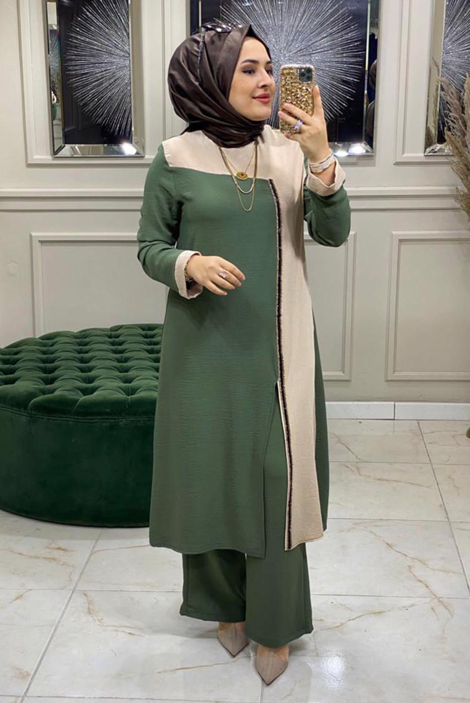 Tesettür giyim YEŞİL İKİ RENKLİ PANTOLONLU TAKIM 8047 