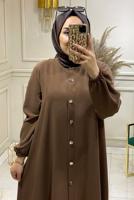 Tesettür giyim KAHVE MANŞETLERİ LASTİKLİ DÜĞMELİ PANTOLONLU TAKIM 8082 
