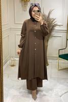 Tesettür giyim KAHVE MANŞETLERİ LASTİKLİ DÜĞMELİ PANTOLONLU TAKIM 8082 