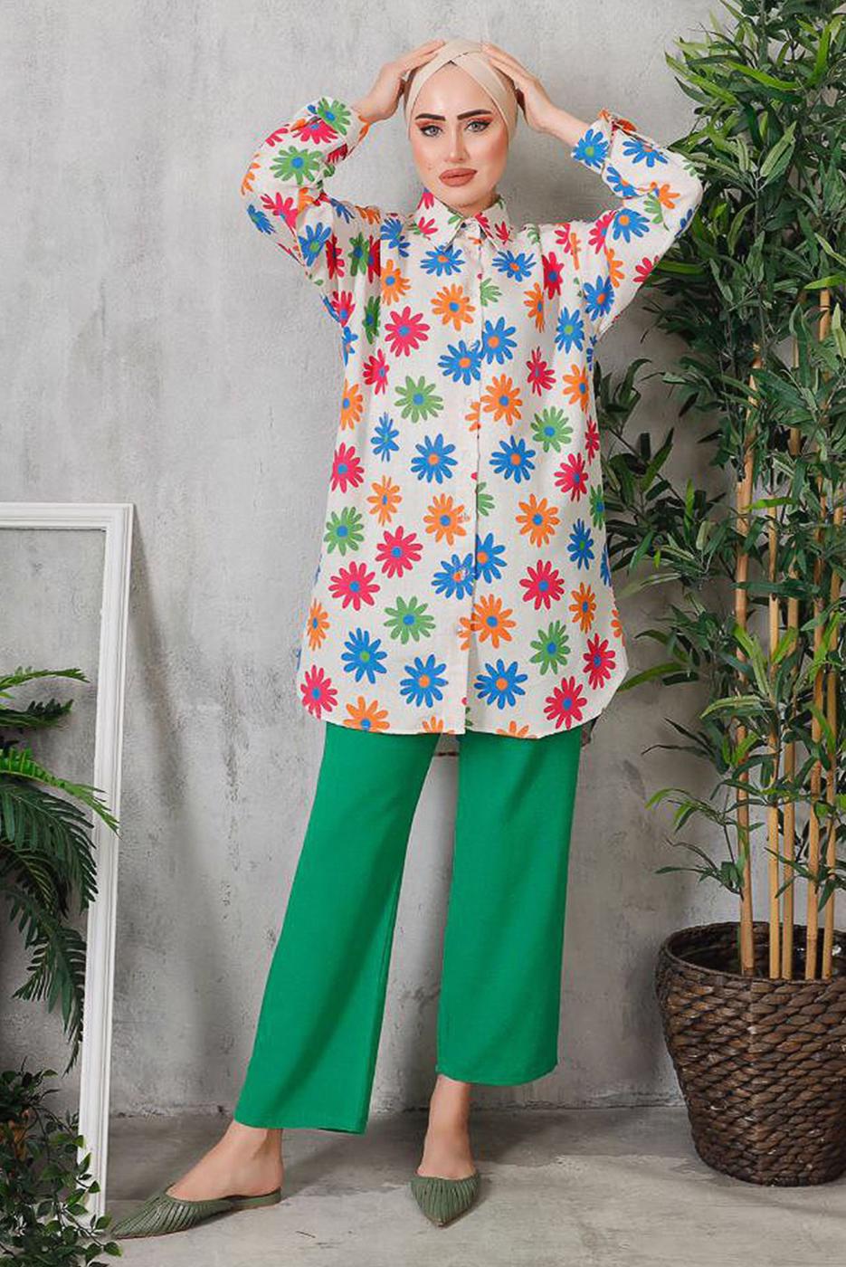 Tesettür giyim YEŞİL ÇİÇEK DESENLİ PANTOLON TAKIM T 8153