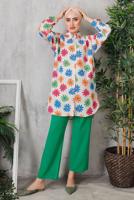 Tesettür giyim YEŞİL ÇİÇEK DESENLİ PANTOLON TAKIM T 8153