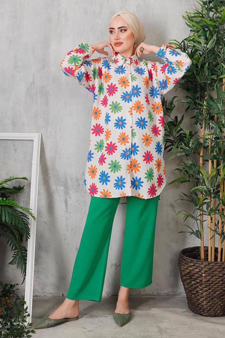 Tesettür giyim YEŞİL ÇİÇEK DESENLİ PANTOLON TAKIM T 8153