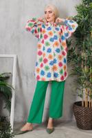 Tesettür giyim YEŞİL ÇİÇEK DESENLİ PANTOLON TAKIM T 8153