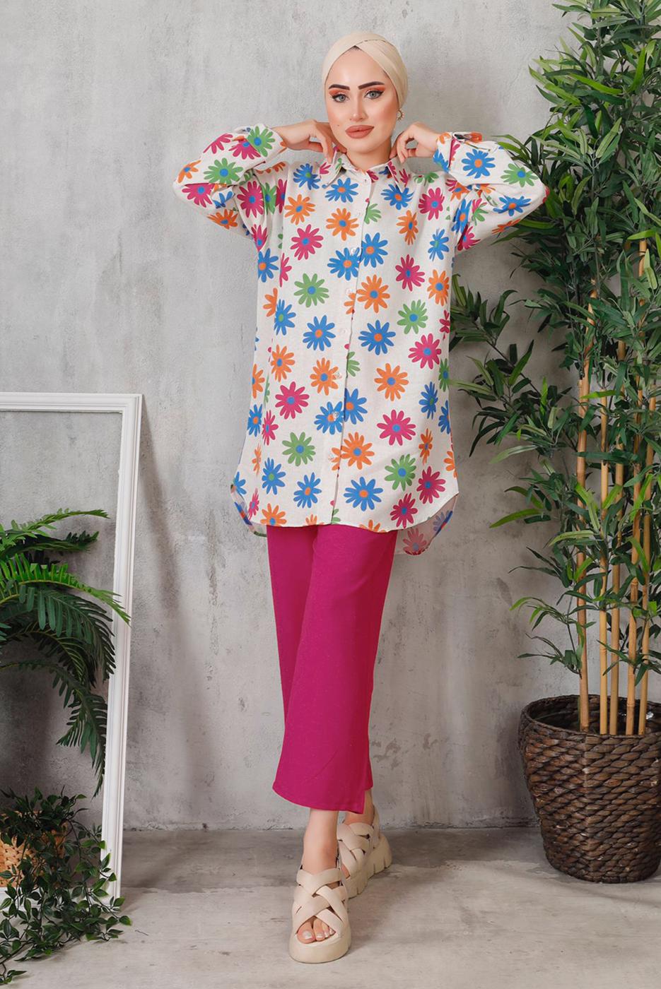 Tesettür giyim FUŞYA ÇİÇEK DESENLİ PANTOLON TAKIM T 8153