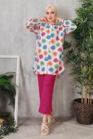 Tesettür giyim FUŞYA ÇİÇEK DESENLİ PANTOLON TAKIM T 8153