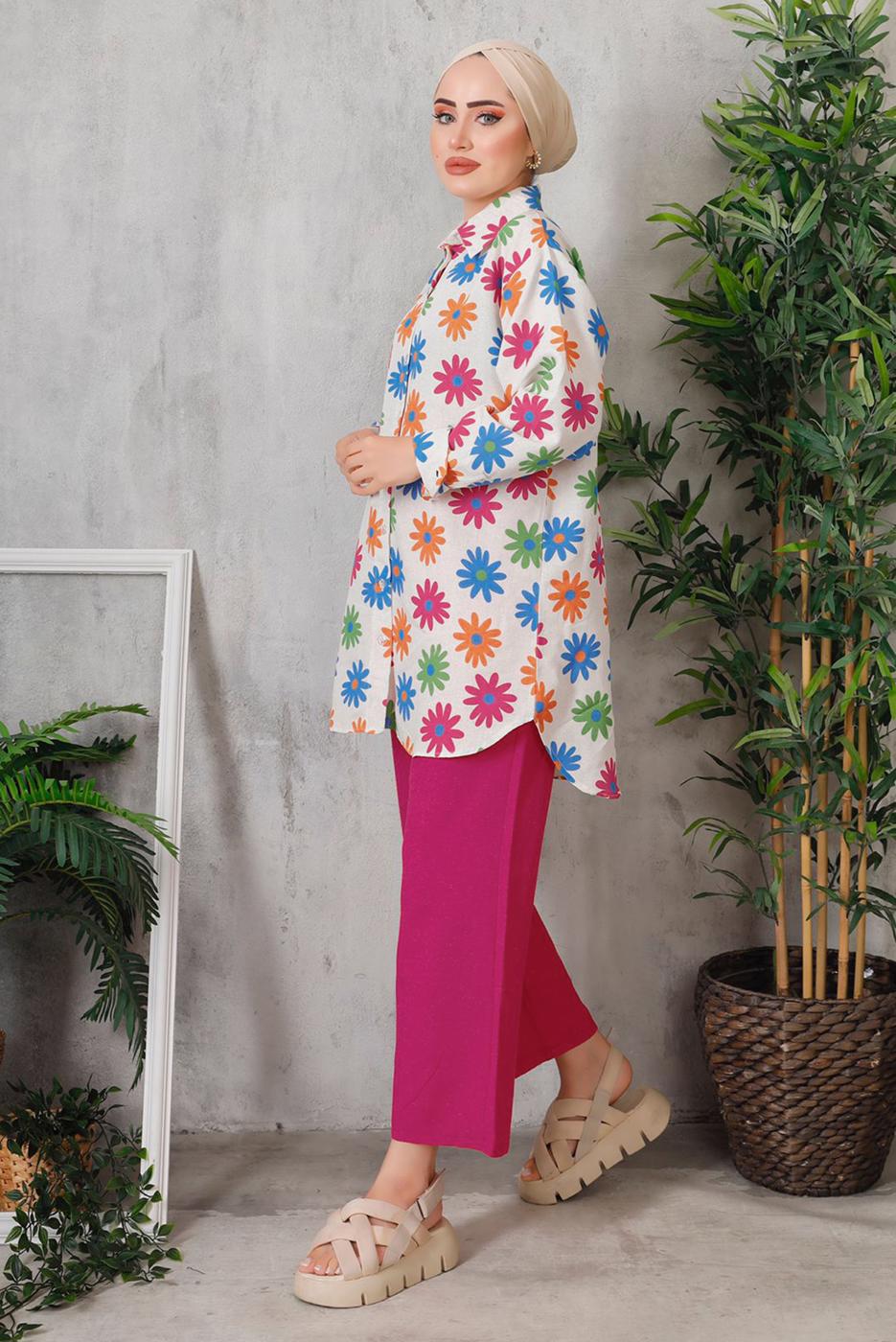 Tesettür giyim FUŞYA ÇİÇEK DESENLİ PANTOLON TAKIM T 8153