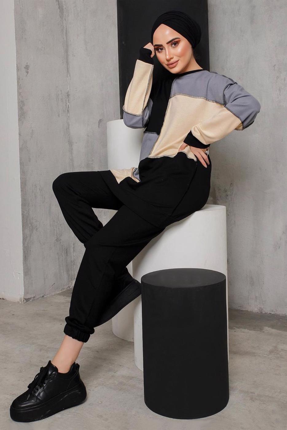 Tesettür giyim GRİ ÜÇ RENKLİ PANT. TAKIM 8822 