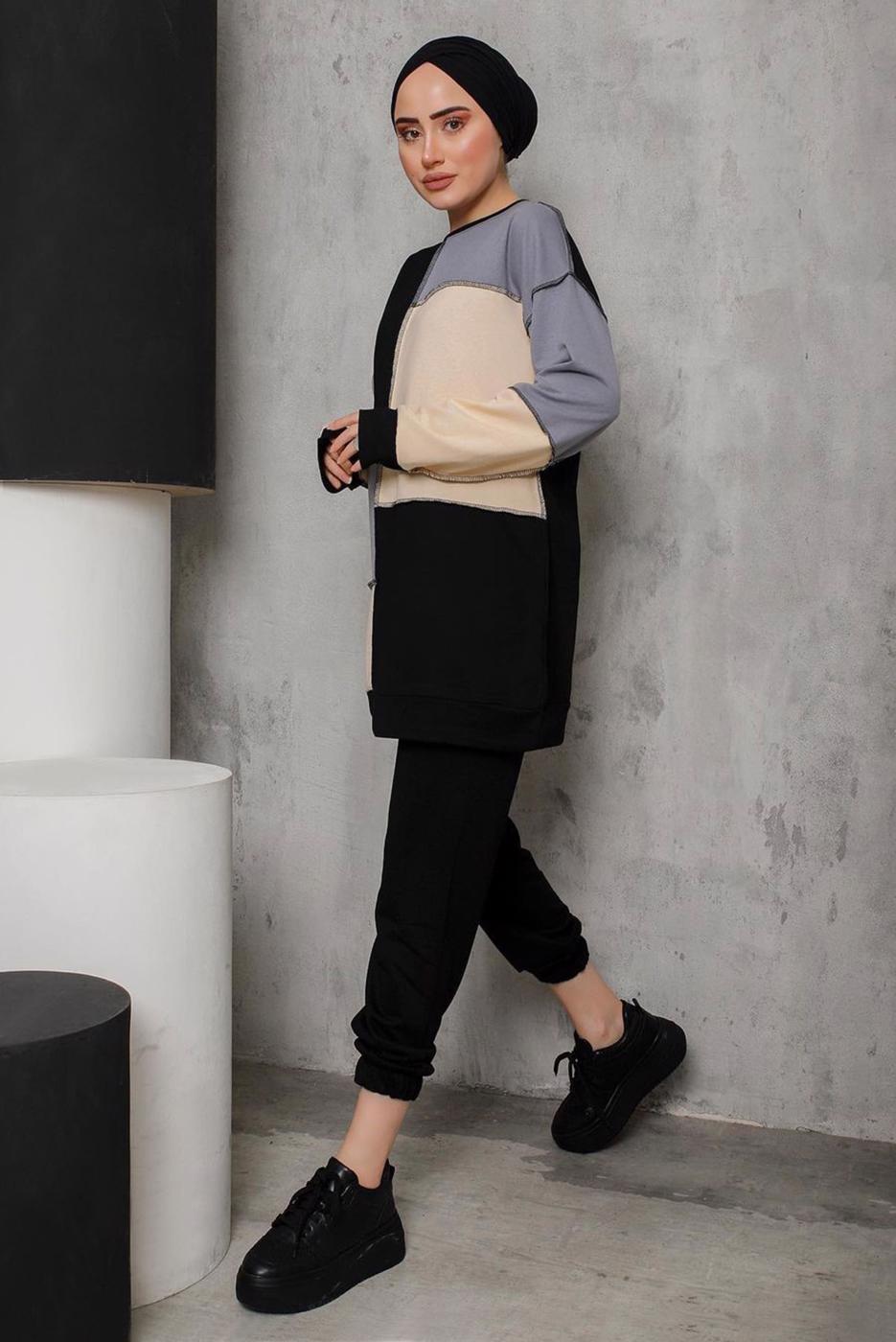Tesettür giyim GRİ ÜÇ RENKLİ PANT. TAKIM 8822 