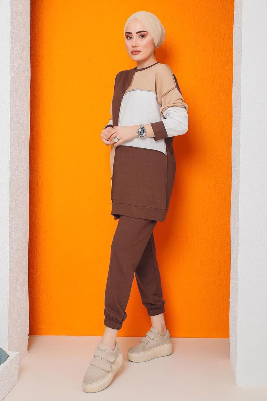 Tesettür giyim KAHVE ÜÇ RENKLİ PANT. TAKIM 8822 