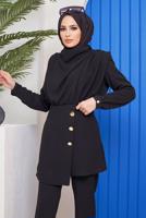 Tesettür giyim SİYAH DÜĞME DETAYLI DEGAJE YAKA İKİLİ PANT. TAKIM 90051	