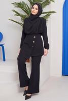 Tesettür giyim SİYAH DÜĞME DETAYLI DEGAJE YAKA İKİLİ PANT. TAKIM 90051	