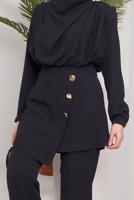 Tesettür giyim SİYAH DÜĞME DETAYLI DEGAJE YAKA İKİLİ PANT. TAKIM 90051	