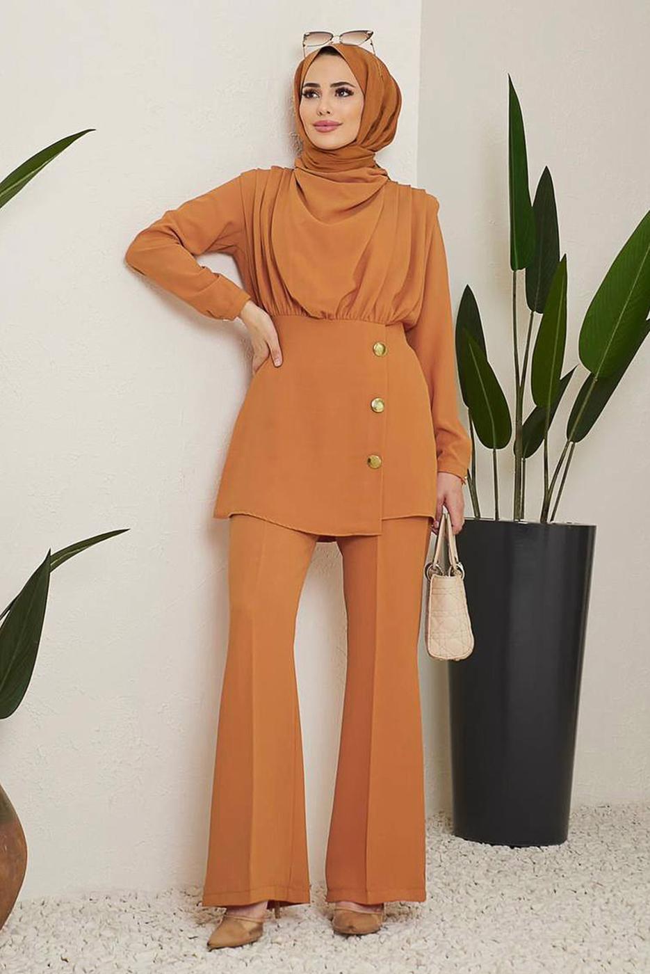 Tesettür giyim TURUNCU DÜĞME DETAYLI DEGAJE YAKA İKİLİ PANT. TAKIM 90051	