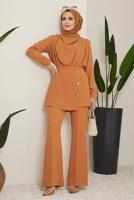 Tesettür giyim TURUNCU DÜĞME DETAYLI DEGAJE YAKA İKİLİ PANT. TAKIM 90051	