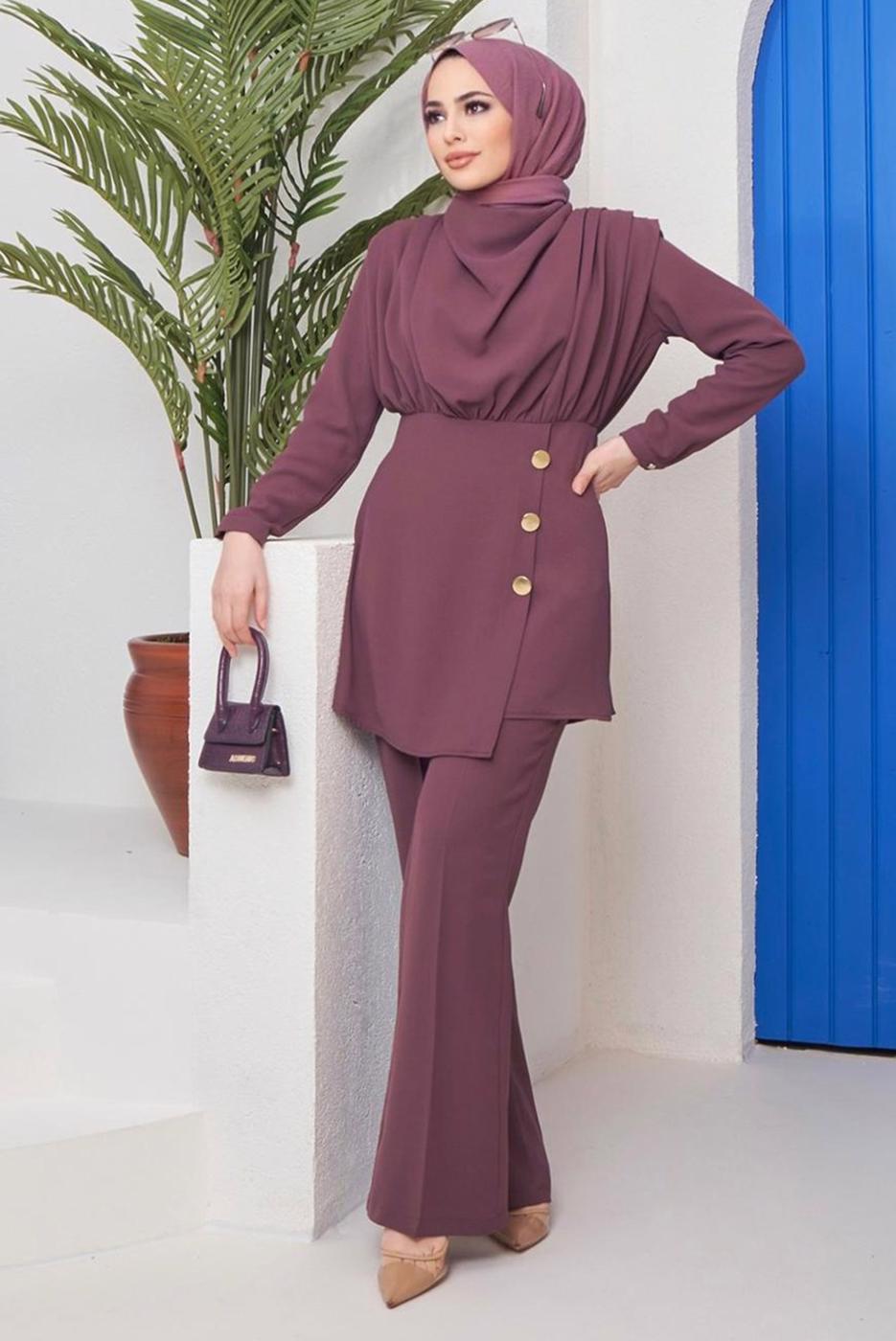 Vêtements hijab PRUNE ENSEMBLE PANTALON 2 PIÈCES DÉTAIL BOUTONS 90051