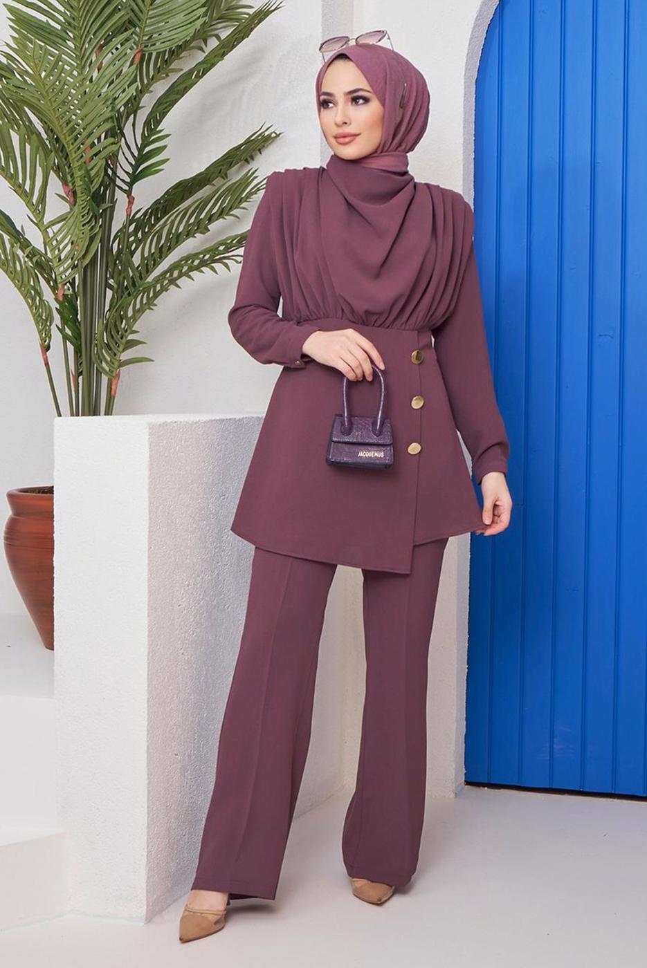 Vêtements hijab PRUNE ENSEMBLE PANTALON 2 PIÈCES DÉTAIL BOUTONS 90051
