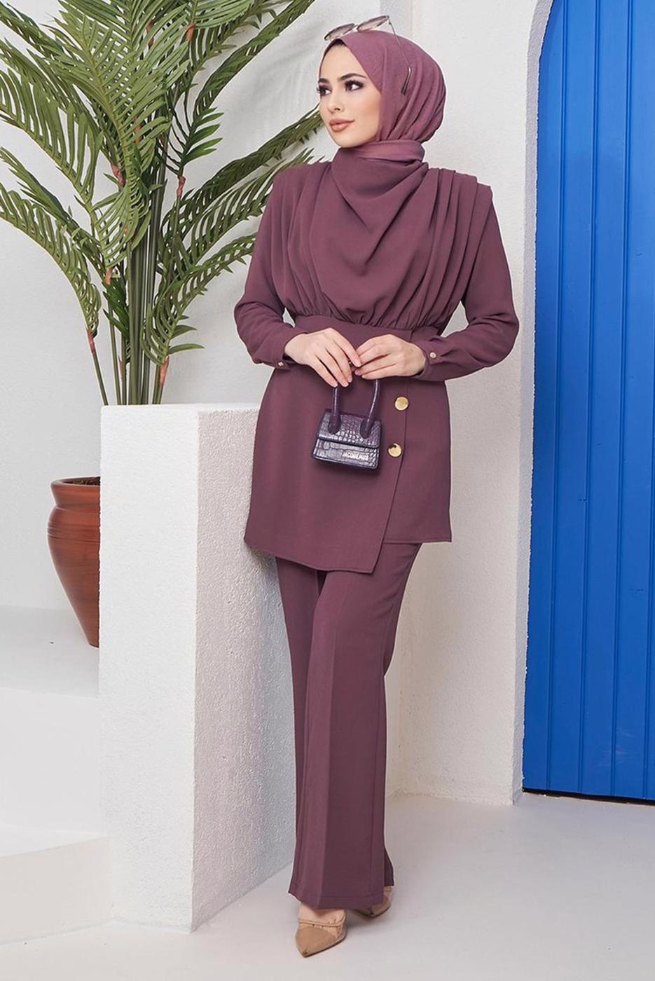 Vêtements hijab PRUNE ENSEMBLE PANTALON 2 PIÈCES DÉTAIL BOUTONS 90051