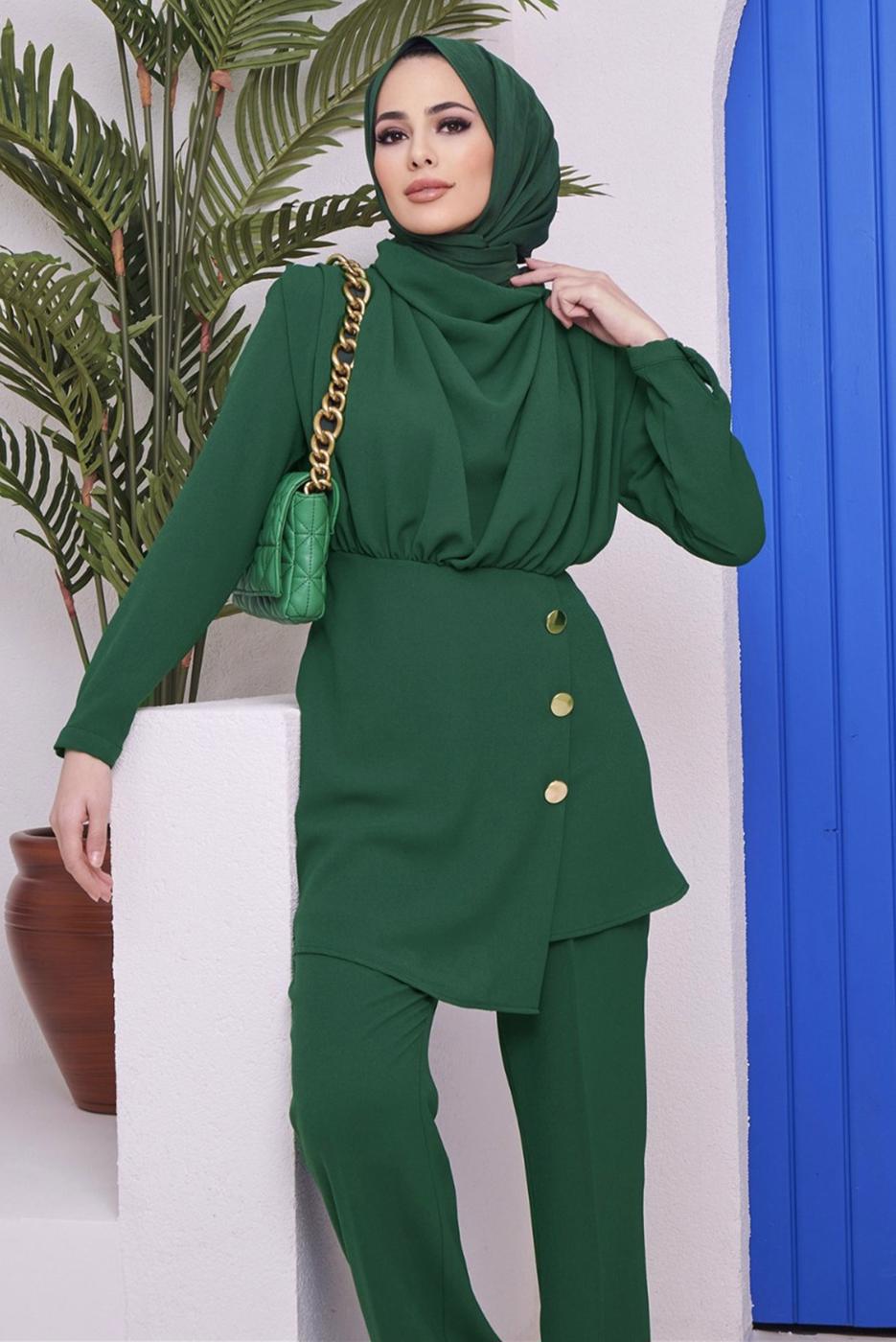 Tesettür giyim YEŞİL DÜĞME DETAYLI DEGAJE YAKA İKİLİ PANT. TAKIM 90051	