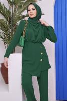 Tesettür giyim YEŞİL DÜĞME DETAYLI DEGAJE YAKA İKİLİ PANT. TAKIM 90051	
