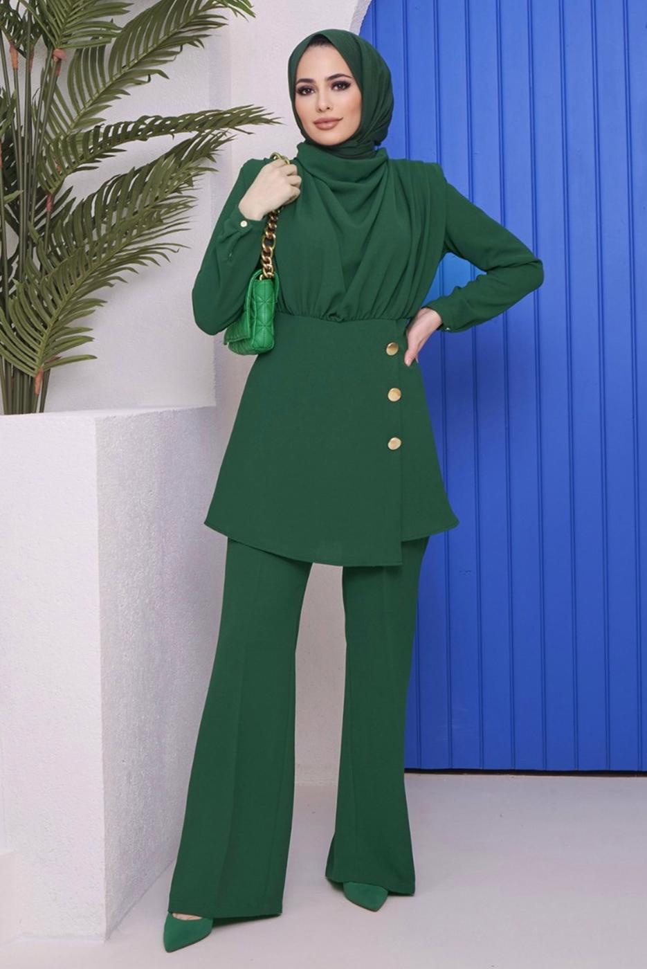 Tesettür giyim YEŞİL DÜĞME DETAYLI DEGAJE YAKA İKİLİ PANT. TAKIM 90051	