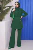 Tesettür giyim YEŞİL DÜĞME DETAYLI DEGAJE YAKA İKİLİ PANT. TAKIM 90051	