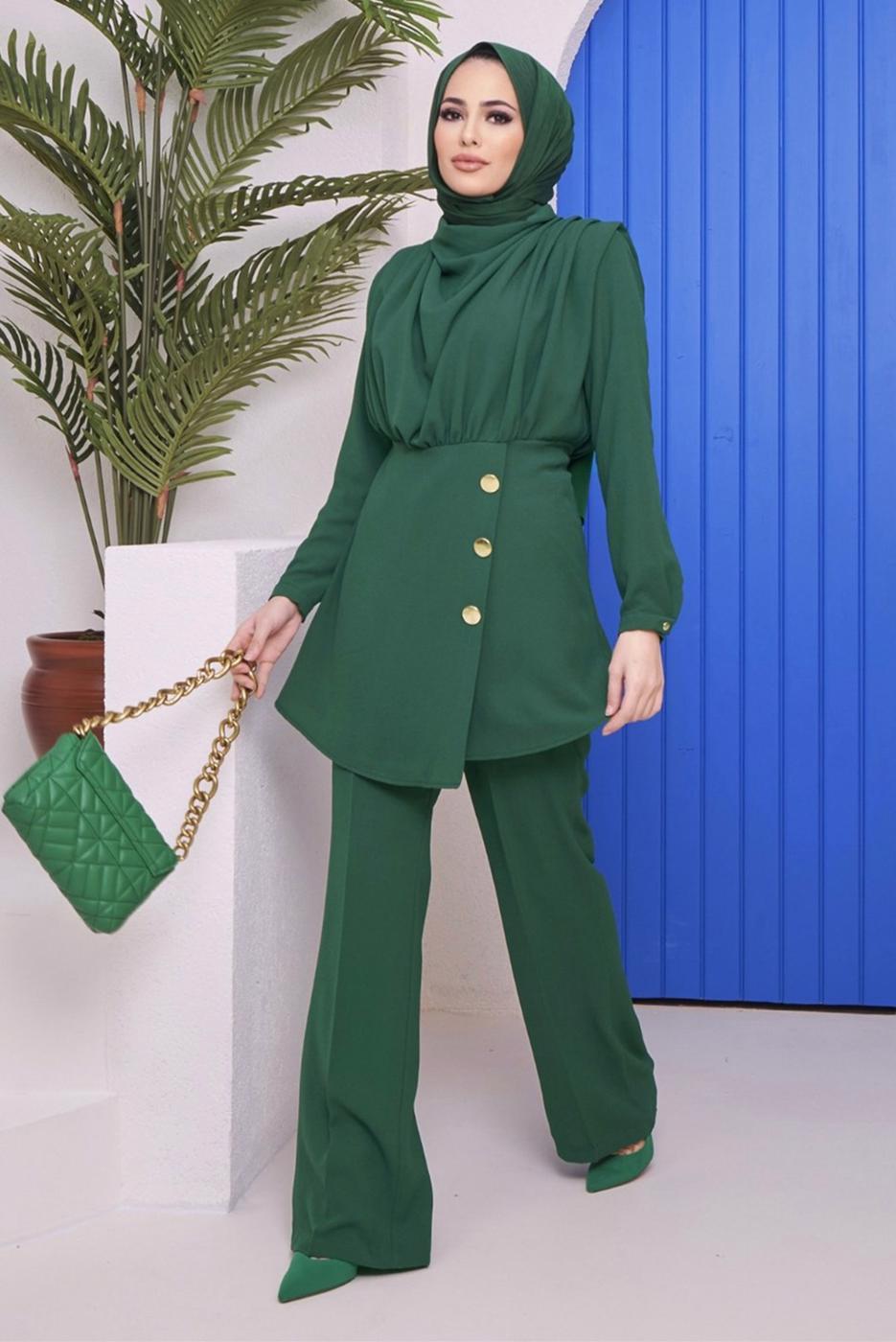 Tesettür giyim YEŞİL DÜĞME DETAYLI DEGAJE YAKA İKİLİ PANT. TAKIM 90051	