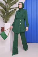 Tesettür giyim YEŞİL DÜĞME DETAYLI DEGAJE YAKA İKİLİ PANT. TAKIM 90051	