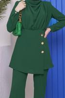 Tesettür giyim YEŞİL DÜĞME DETAYLI DEGAJE YAKA İKİLİ PANT. TAKIM 90051	