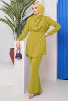 Tesettür giyim YEŞİL DÜĞME DETAYLI DEGAJE YAKA İKİLİ PANT. TAKIM 90051	