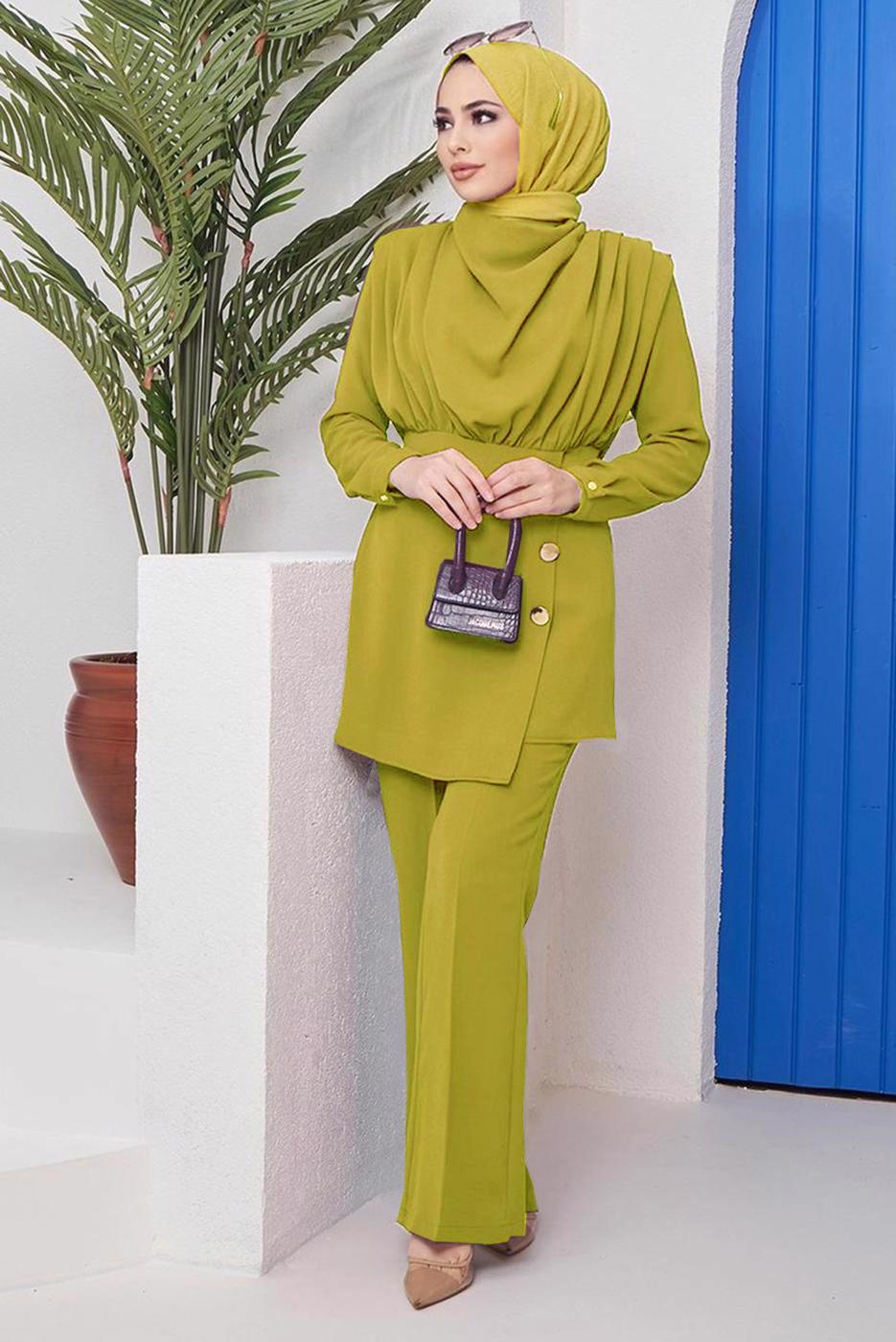 Tesettür giyim YEŞİL DÜĞME DETAYLI DEGAJE YAKA İKİLİ PANT. TAKIM 90051	