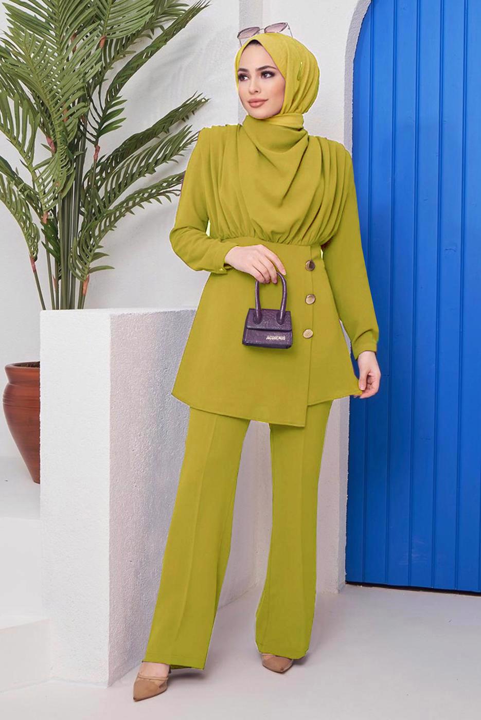 Tesettür giyim YEŞİL DÜĞME DETAYLI DEGAJE YAKA İKİLİ PANT. TAKIM 90051	