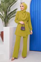 Tesettür giyim YEŞİL DÜĞME DETAYLI DEGAJE YAKA İKİLİ PANT. TAKIM 90051	