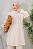 Tesettür giyim KREM MANŞETLERİ LASTİKLİ DÜĞMELİ PANT. TAKIM 9352 