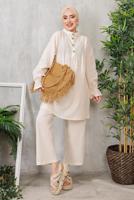 Tesettür giyim KREM MANŞETLERİ LASTİKLİ DÜĞMELİ PANT. TAKIM 9352 