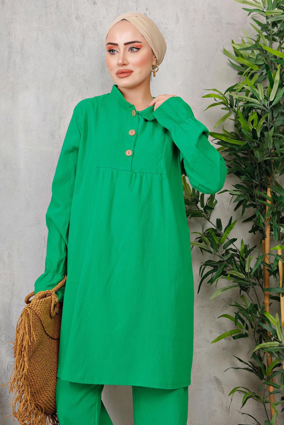 Tesettür giyim YEŞİL MANŞETLERİ LASTİKLİ DÜĞMELİ PANT. TAKIM 9352 
