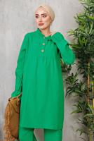 Tesettür giyim YEŞİL MANŞETLERİ LASTİKLİ DÜĞMELİ PANT. TAKIM 9352 