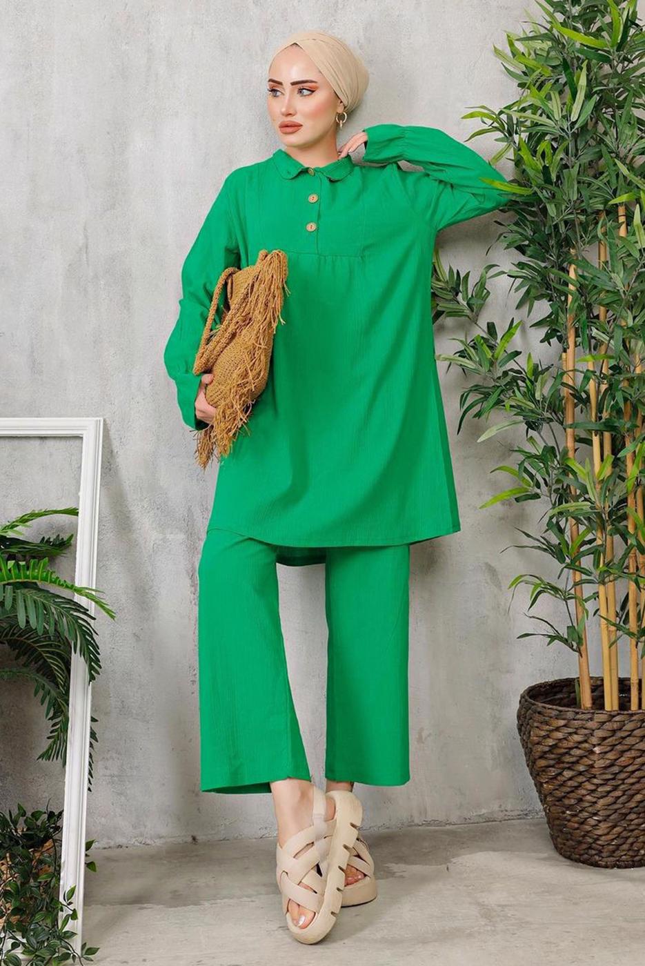 Tesettür giyim YEŞİL MANŞETLERİ LASTİKLİ DÜĞMELİ PANT. TAKIM 9352 