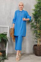 Tesettür giyim LACİVERT MANŞETLERİ LASTİKLİ DÜĞMELİ PANT. TAKIM 9352 